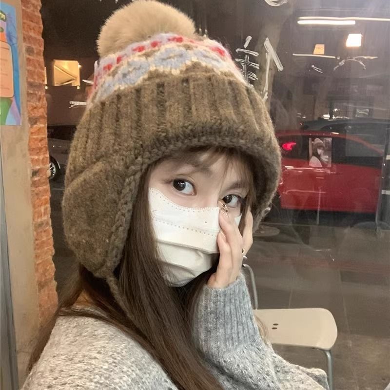 费尔岛风毛线帽女冬季复古百搭大头围保暖针织帽显脸小护耳帽子LU