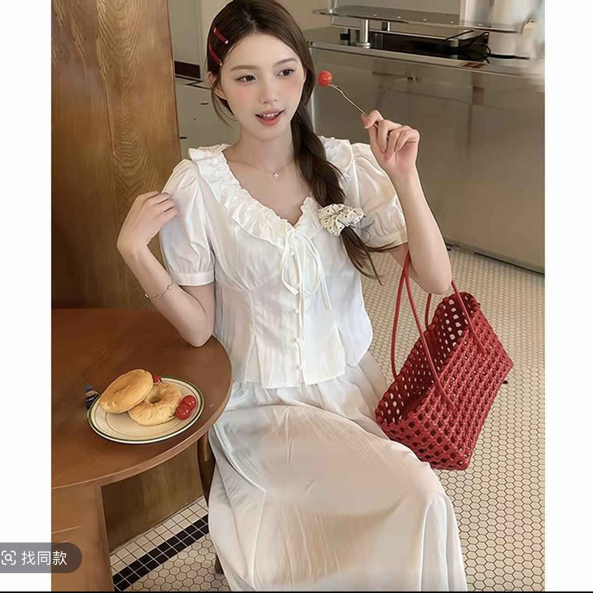 大码纯欲辣妹花边短袖上衣女夏季新款高腰显瘦A字半身裙套装