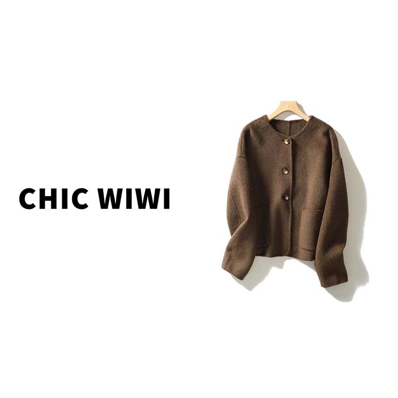 CHIC WIWI 短款简约 绵羊毛骆驼绒 圆领时尚双面呢大衣WT035391