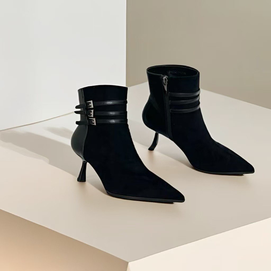 5厘米舒适细跟秋冬新款羊猄绒侧拉链细尖头轻职风女神短靴26R557