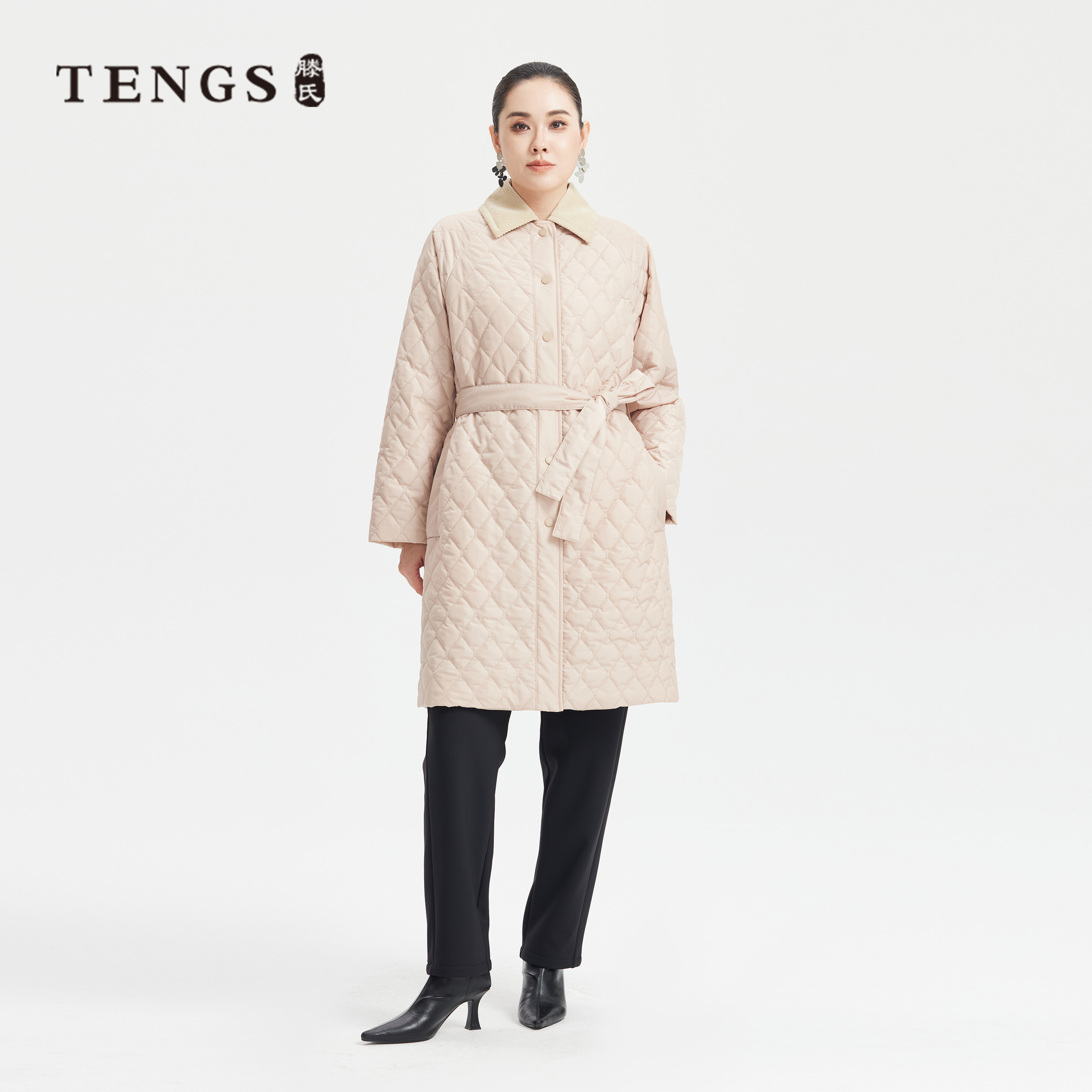 TENGS滕氏女装秋冬新款简约廓形菱格绗棉长款棉服