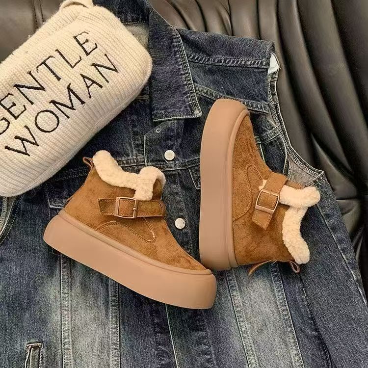 冬季新款高帮女鞋网红时尚休闲百搭厚底加绒纯色懒人鞋冬季棉鞋  
