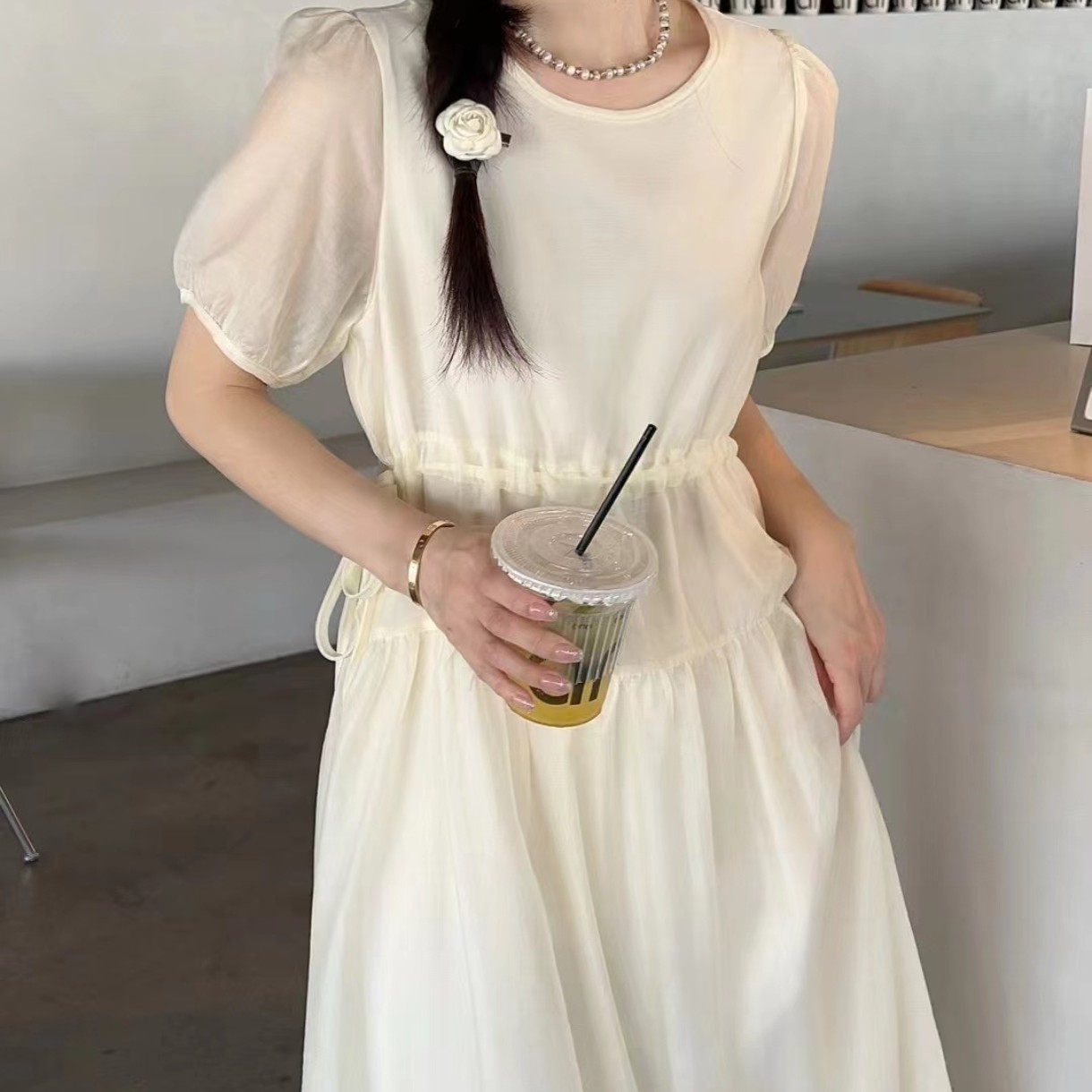 韩系甜美气质抽绳收腰连衣裙女2025夏季新款休闲减龄中长款长裙潮