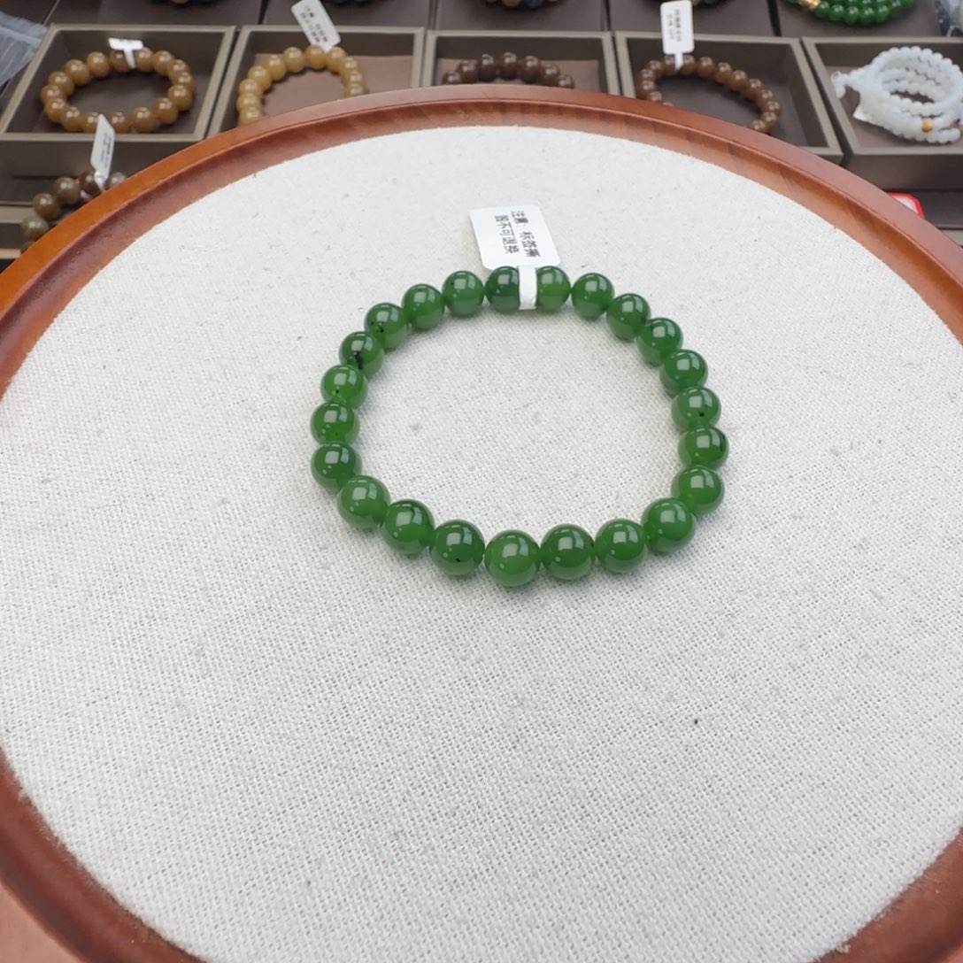 和田玉未镶嵌手链卡8果冻底阳绿色碧玉货头，46