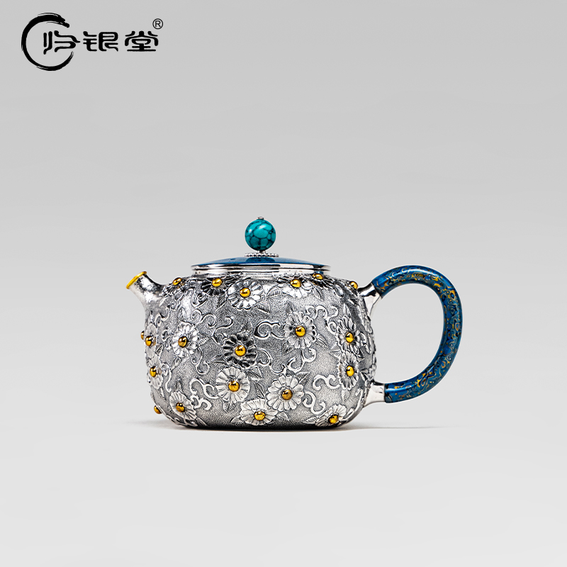 归银堂足银999复古大漆把手铜珠小花泡茶壶手工茶壶家用高档茶具