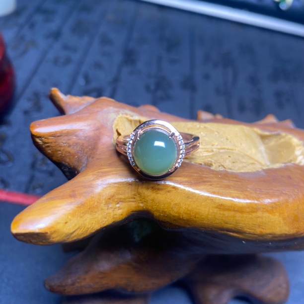 天然和田玉碧玉蛋面S925银镶嵌时尚女戒可调节