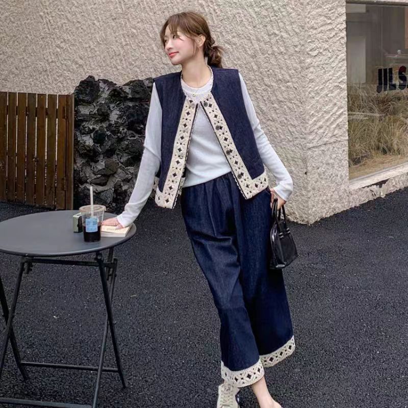 韩系胖妹妹蕾丝拼接牛仔三件套女2025早秋新款马甲内搭阔腿裤套装