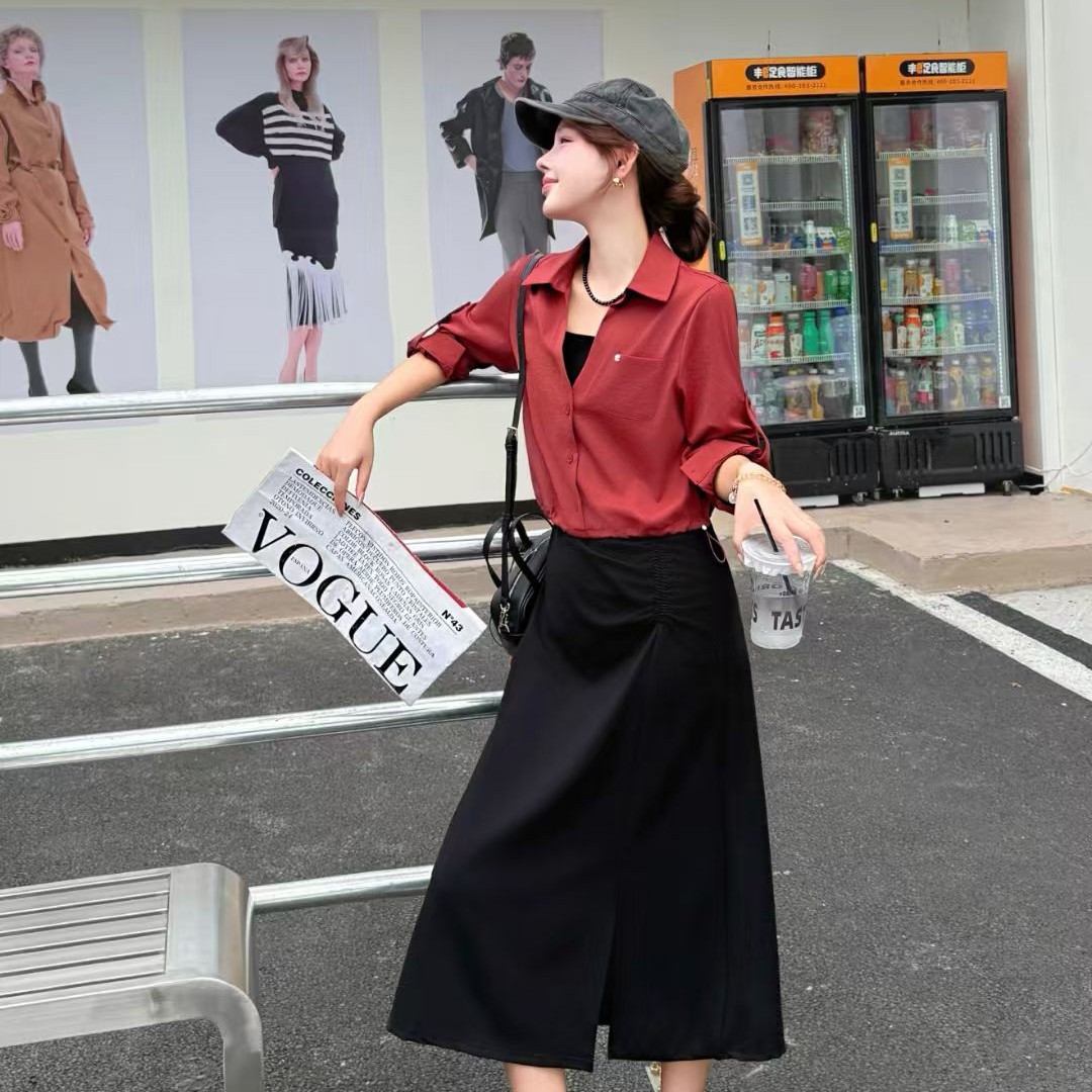 【OSM】秋季新款黑色背心连衣裙搭抽绳薄款外套休闲两件套