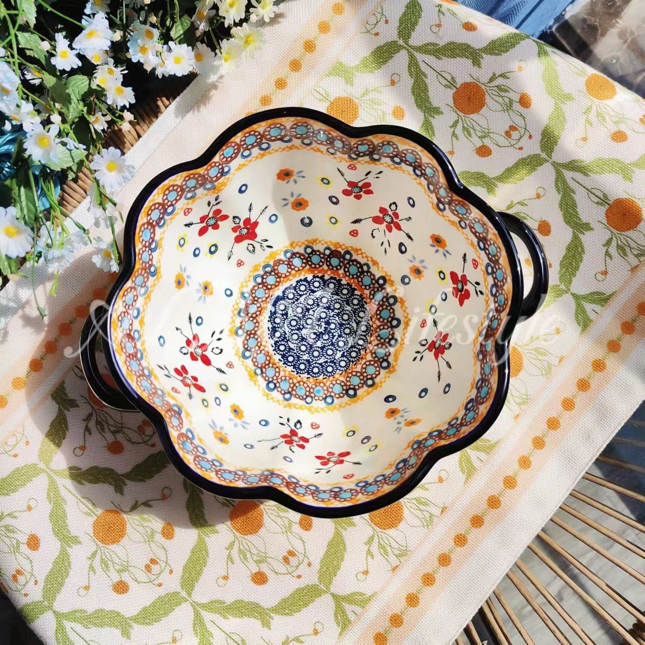 阿勒玛 新疆包邮【田园风情】8寸双耳汤锅家用手绘釉下彩欧式汤锅