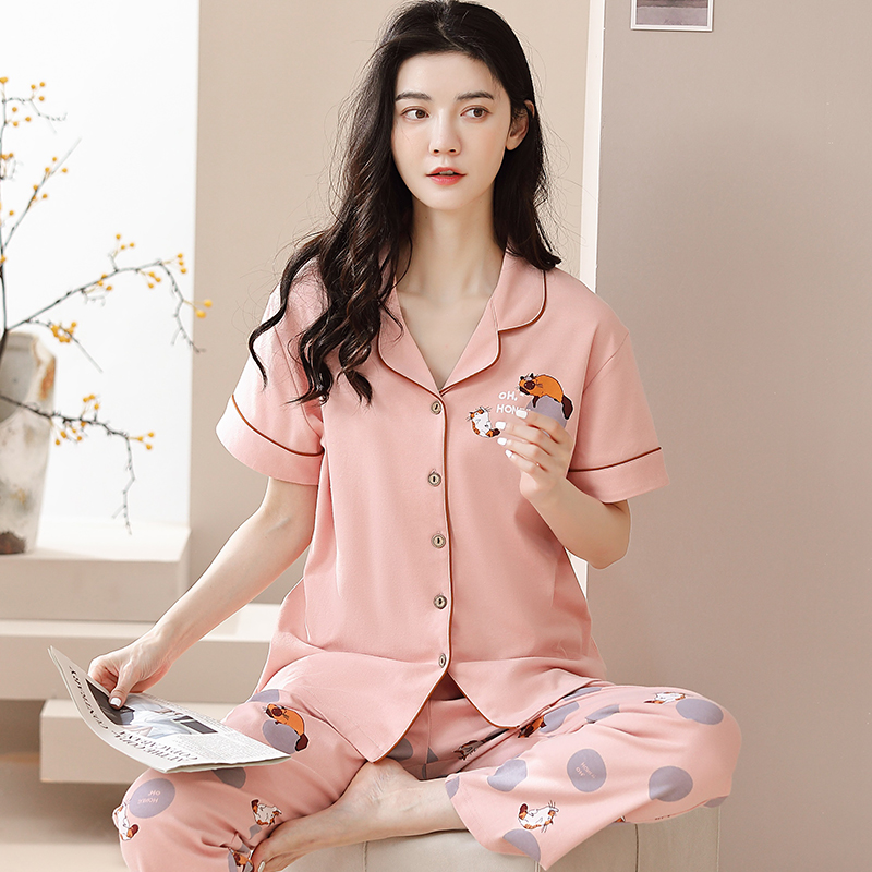 秋季新款纯棉女装甜美睡衣翻领短袖长裤薄款舒适家居服可外穿