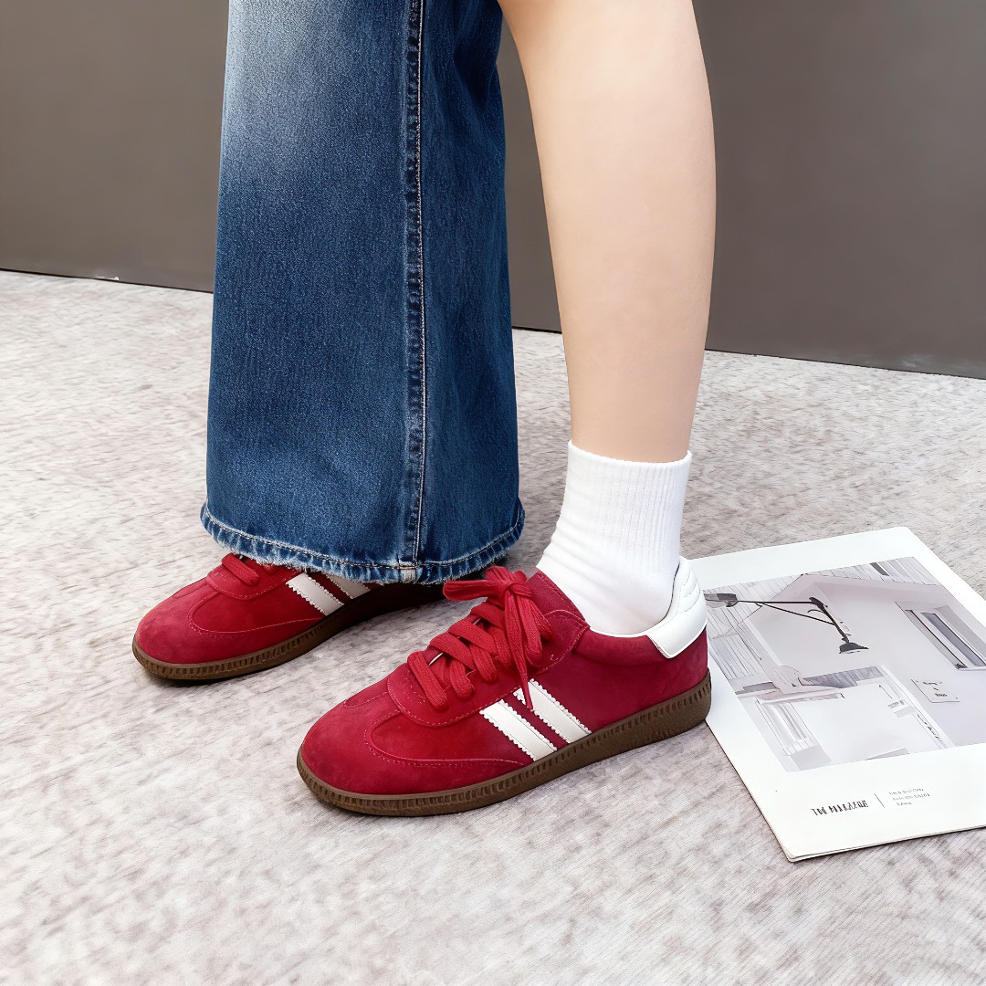 红色增高德训鞋女款2025年新款真皮板鞋时尚休闲鞋系带阿甘运动鞋