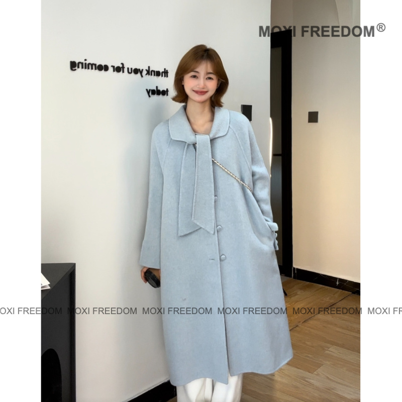 【圣托尼雾】25年蓝色小个子绑带蝴蝶结双面羊毛呢大衣外套女装