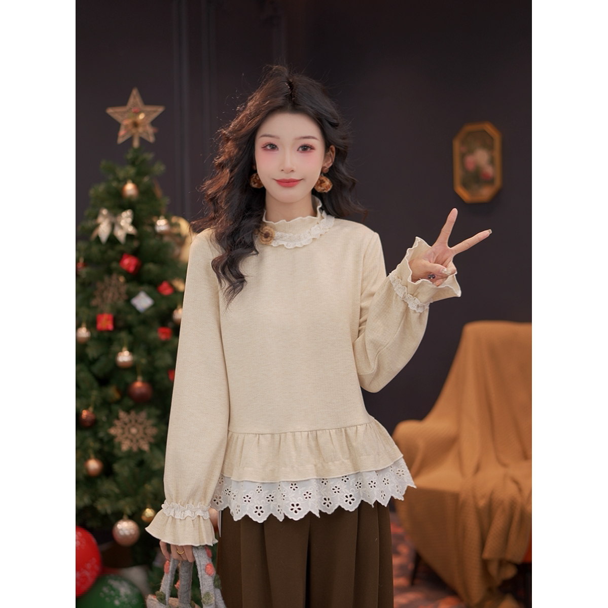 DaYuanSAD小小复古【梦姿】蕾丝拼接假两件上衣女叠穿长袖衫#L15120