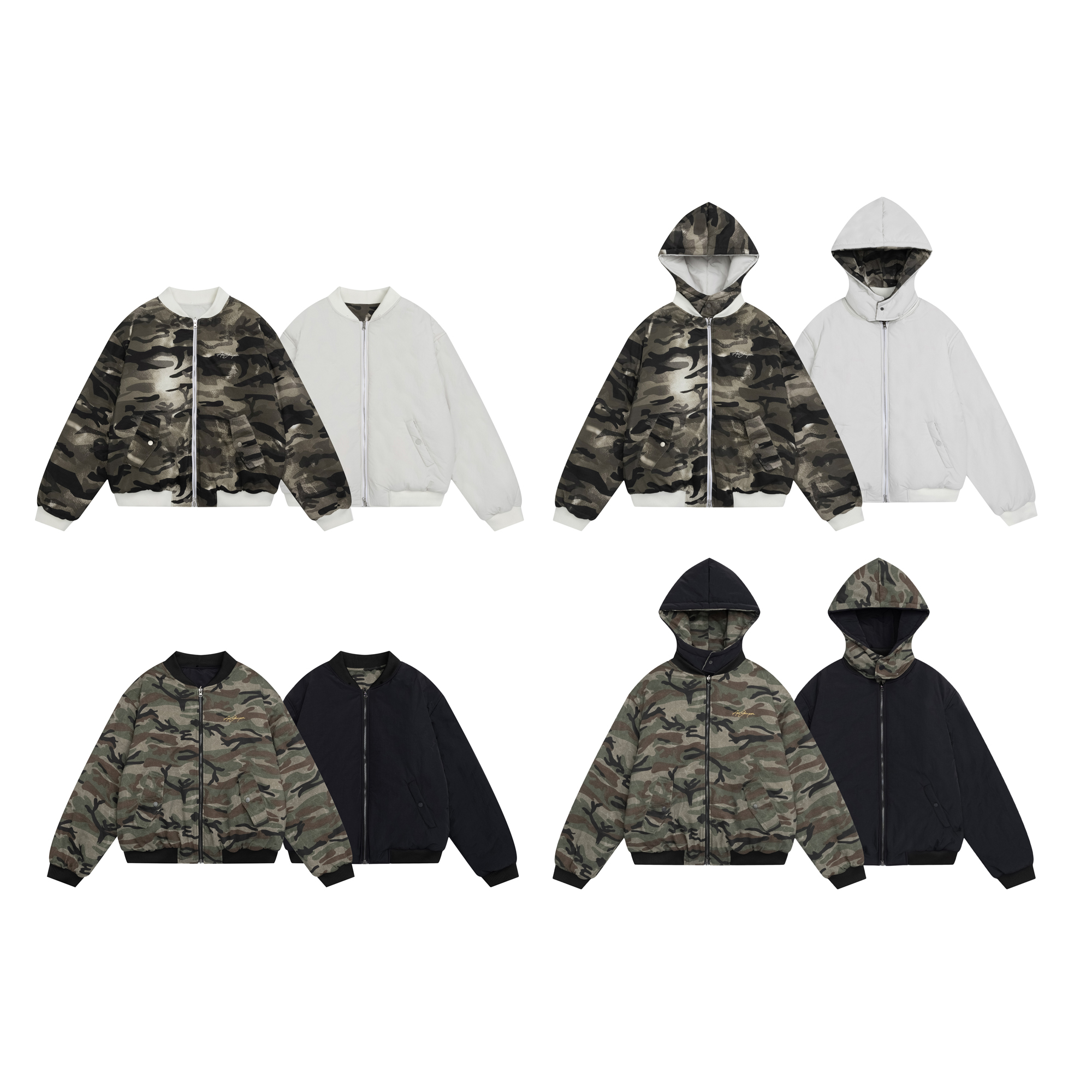 美式复古双面穿MA1迷彩棉服男女冬季短宽可拆卸连帽加厚外套