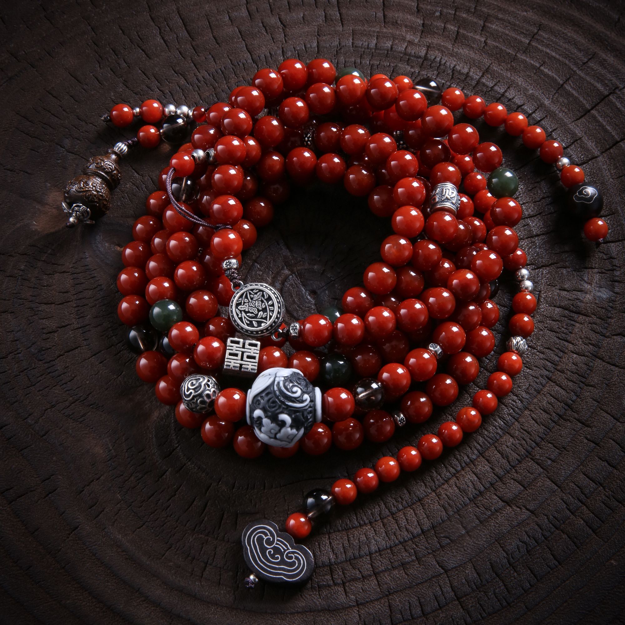 链子925银  N17917<秋梦>双喜招财纳福花纹鼓珠祥云珠斜跨项链 