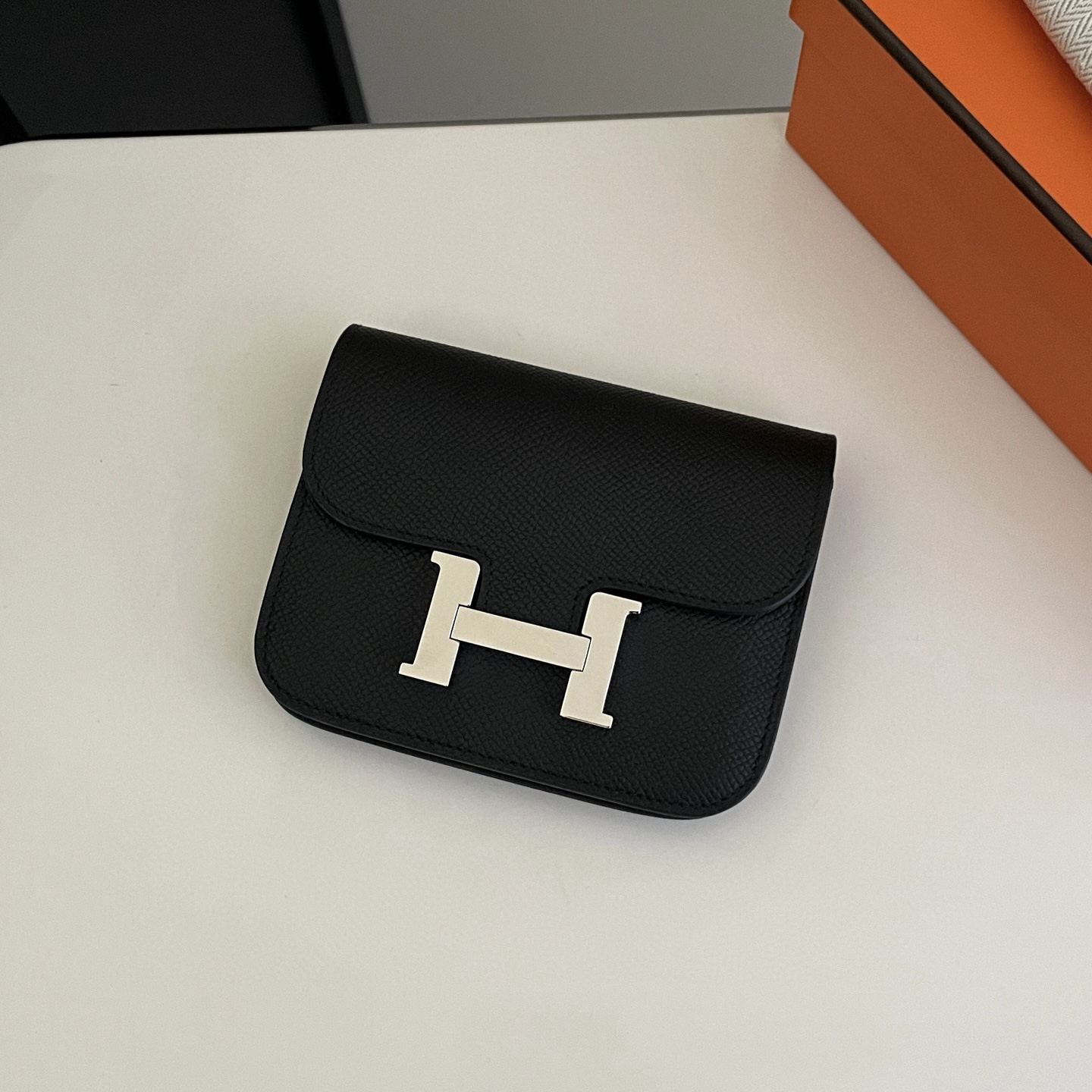 95新 Hermes/爱马仕 Constance slim黑银钱包 5766
