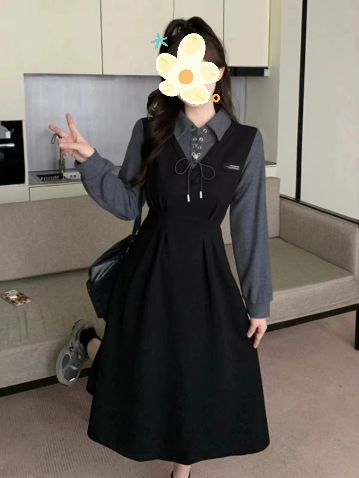 8227学院风假两件连衣裙女秋季流行风格胖mm高级感巨好看的a字裙