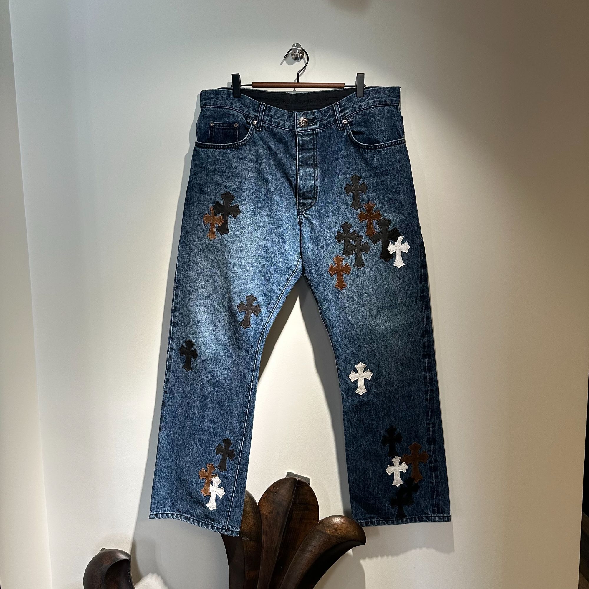 Chromehearts 克罗心 官网限定拼皮十字蓝色牛仔裤 （size 34）