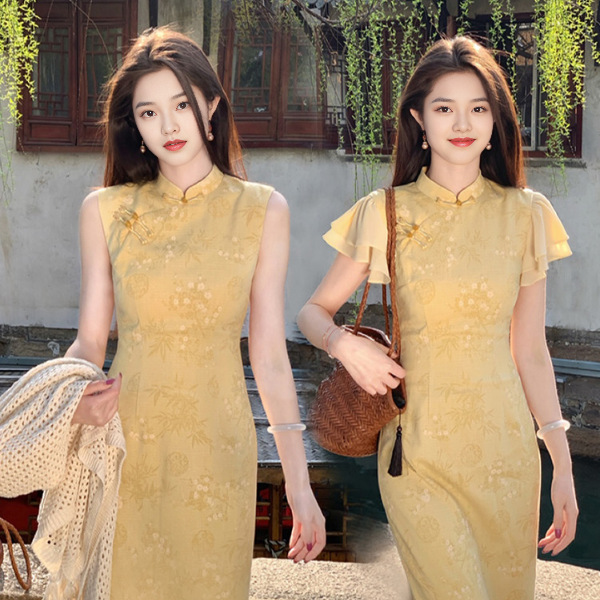 小个子新款爆款新中式黄色无袖改良旗袍女提花绝美显瘦收腰连衣裙