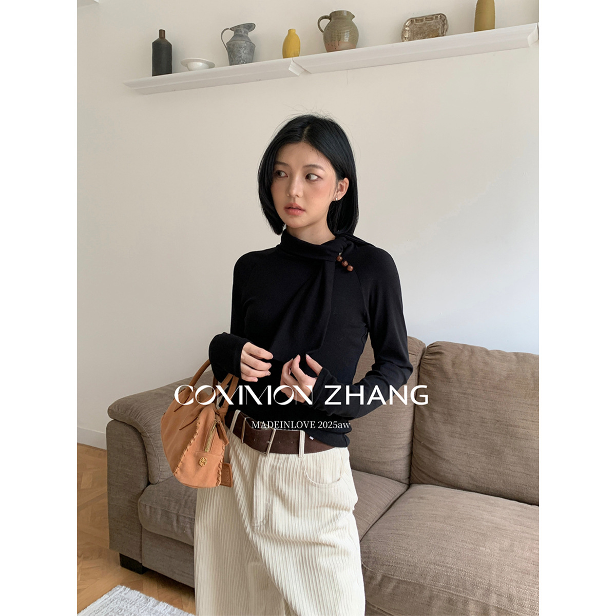 CZ ZHANG秋围巾领长袖针织T恤女温柔风修身百搭休闲打底衫 B30871