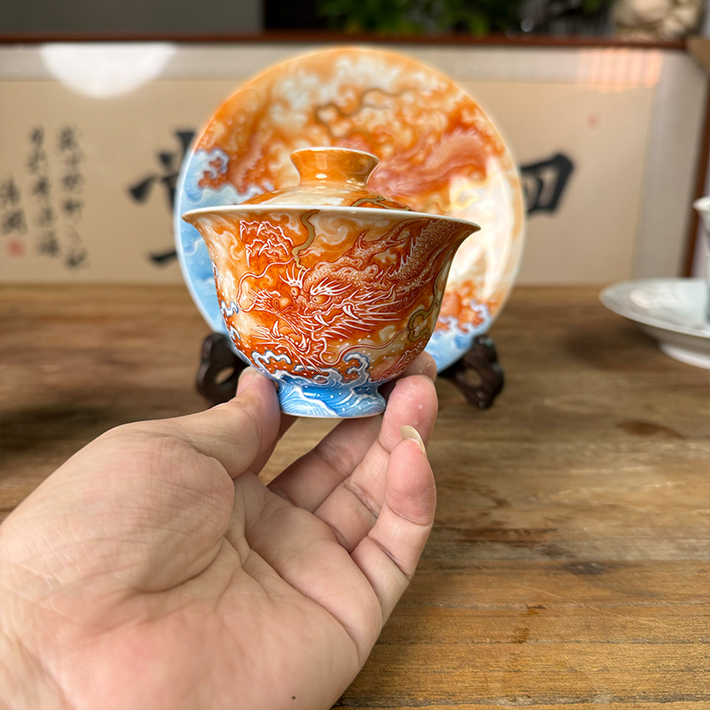 驷九堂 锦鲤化龙系列 矾红蓝海水盖碗两才 景德镇纯手工盖碗
