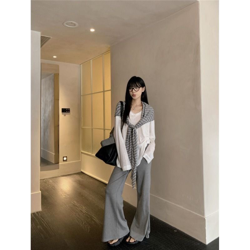 韩系条纹披肩长袖上衣搭配微喇裤春季穿搭套装