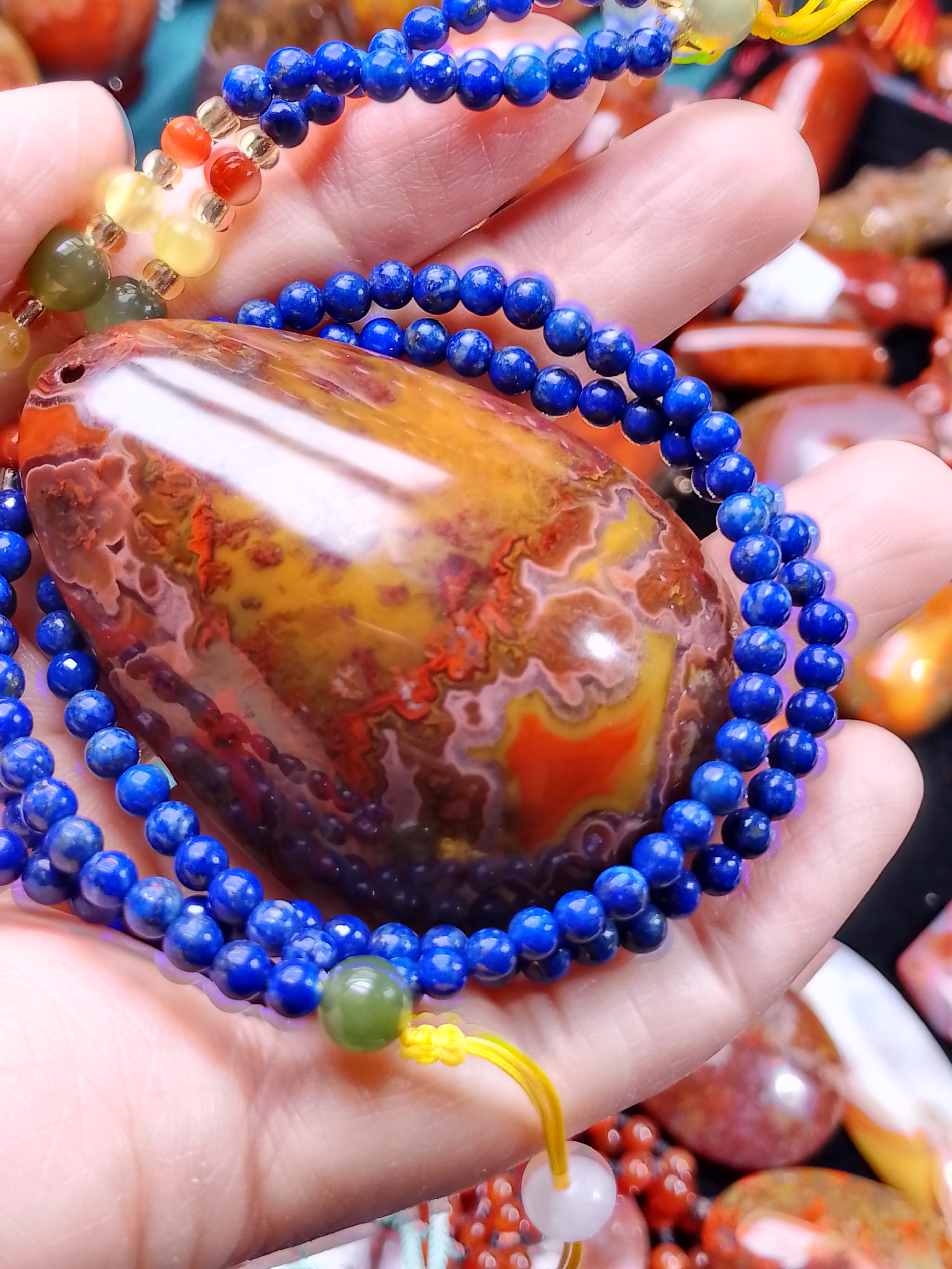 天然战国红玛瑙吊坠青金链子