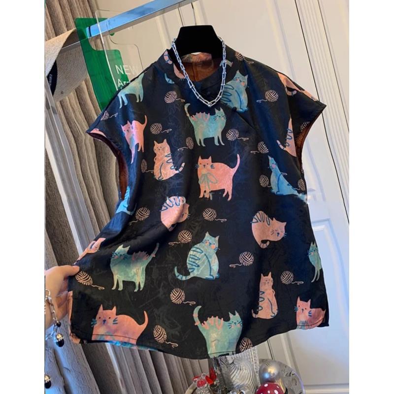 潮流时尚小猫碎花马甲夏季富贵波点无袖马夹上衣D0284