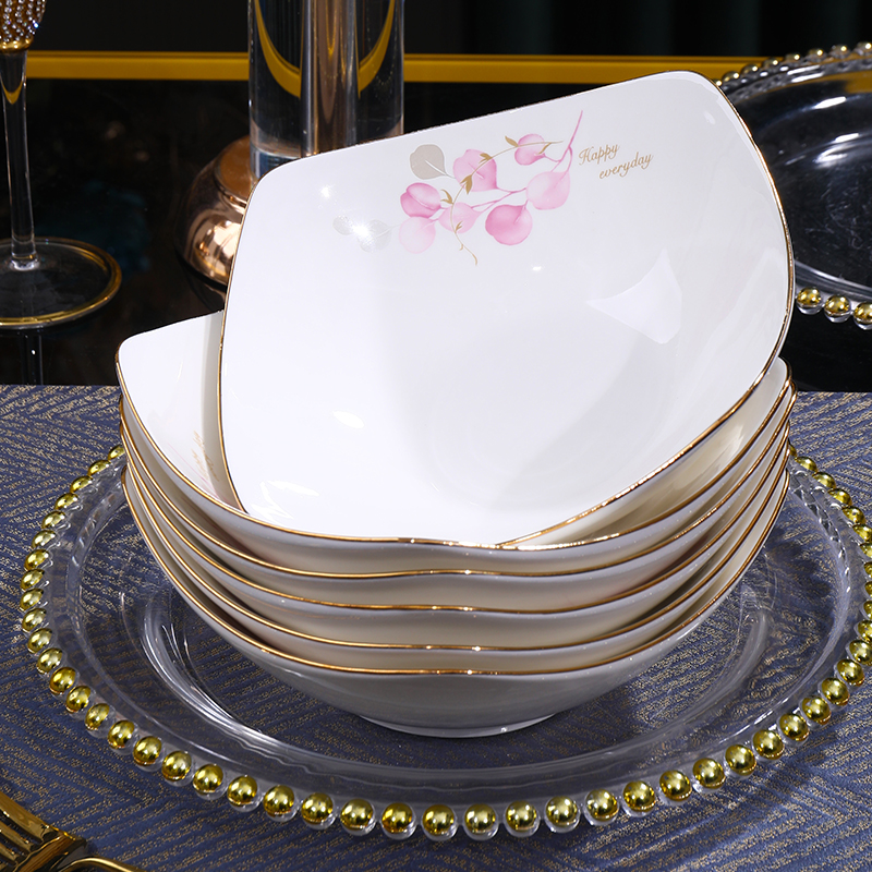 【6只装】电光金粉色情怀8英寸翘角碗陶瓷菜盘简约菜盘酒店家用创意