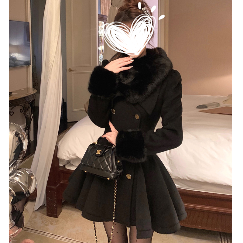 【25133】千金风掐腰显瘦裙摆款大衣女中长款毛呢外套