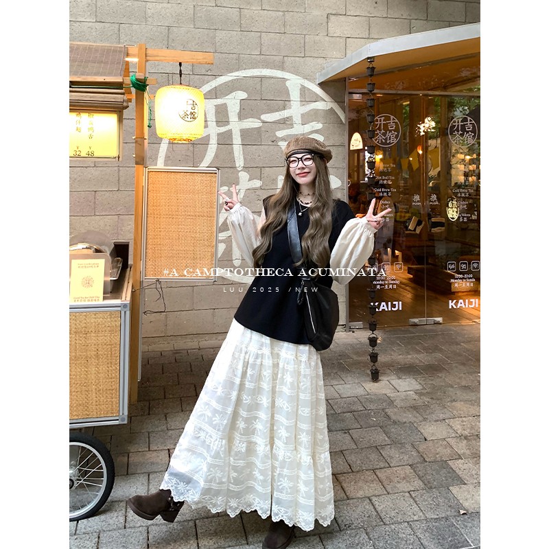 LUU桃喜儿/假两件长袖拼接连衣裙女秋冬宽松重工长裙设计感裙子