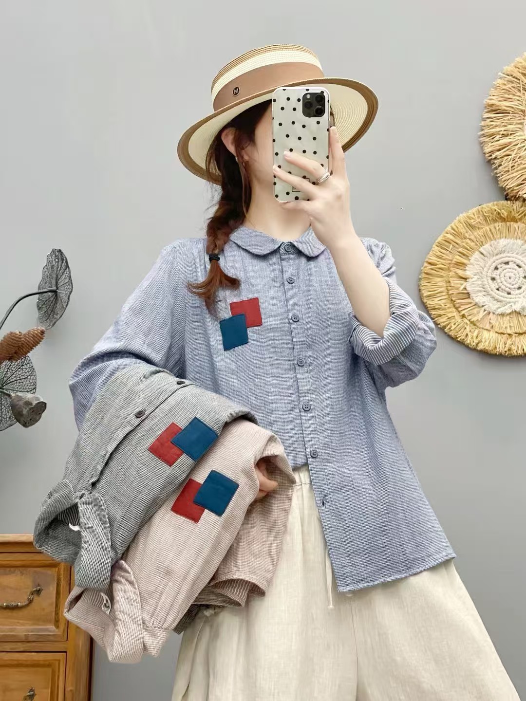 2025秋季新款贴布色织千鸟格棉纱衬衫休闲百搭长袖上衣女86307