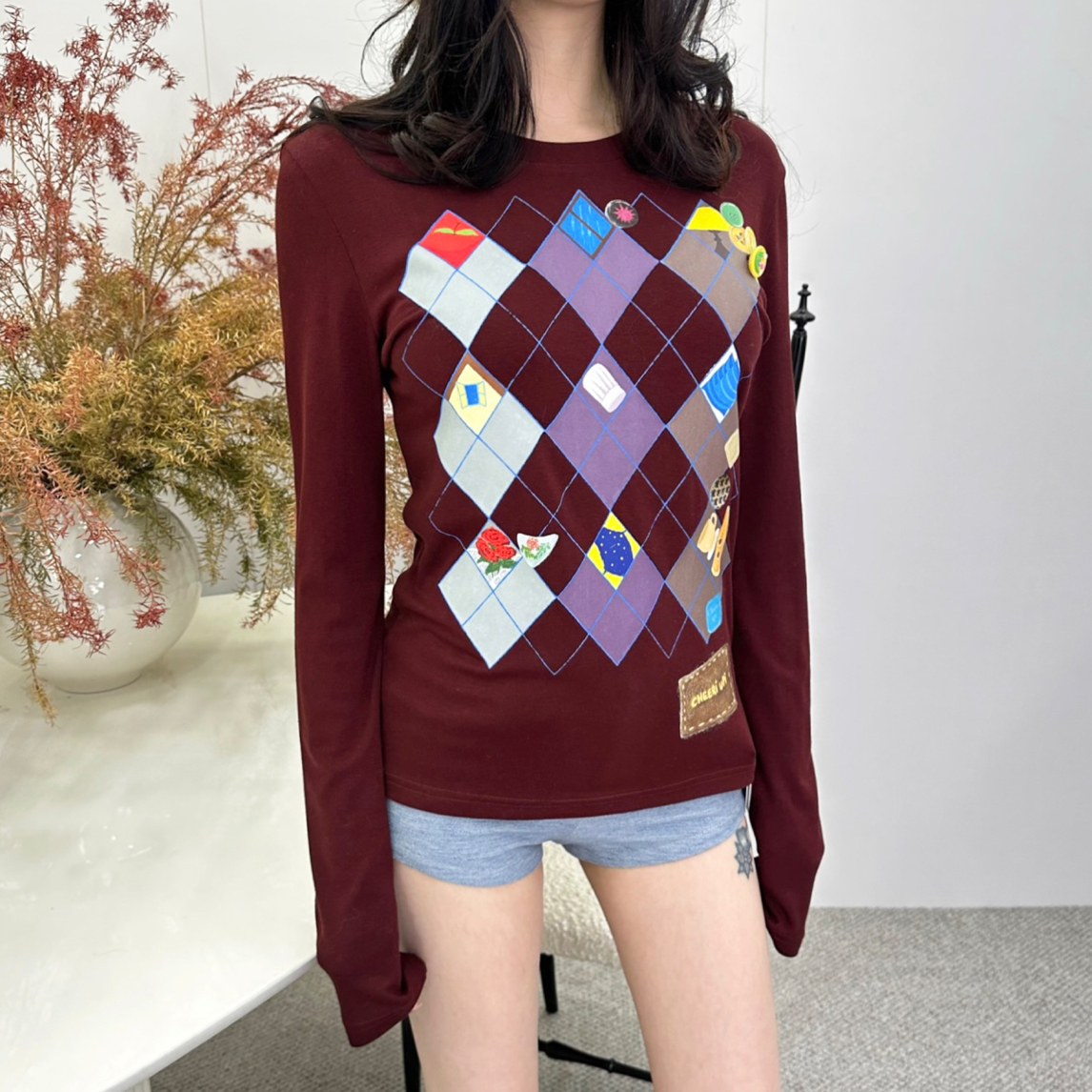 CHEER UP UNIFORM多彩色格纹打底圆领上衣 LEAFLEAF设计师品牌