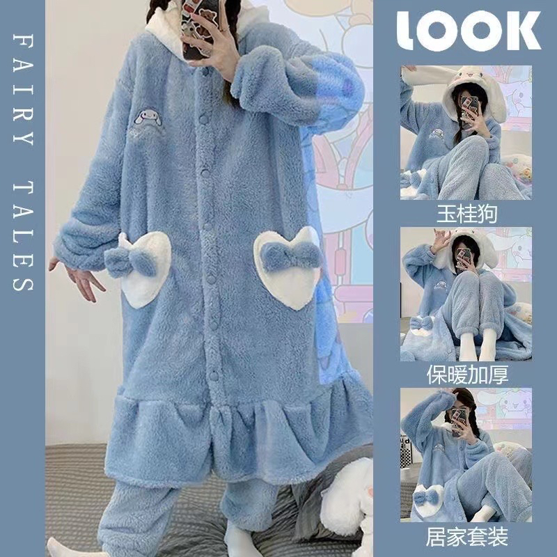 玉桂狗加绒加厚珊瑚绒连帽冬季家居服睡裙睡衣睡袍居家长款浴袍