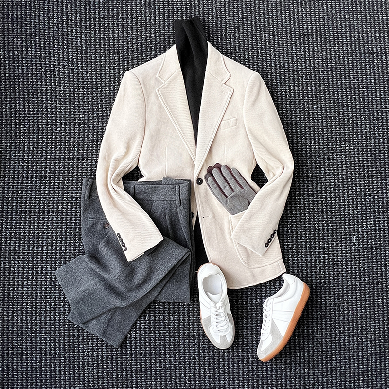 秋冬帅气重磅加厚灯芯片平驳领西服男士休闲复古修身西装时尚外套