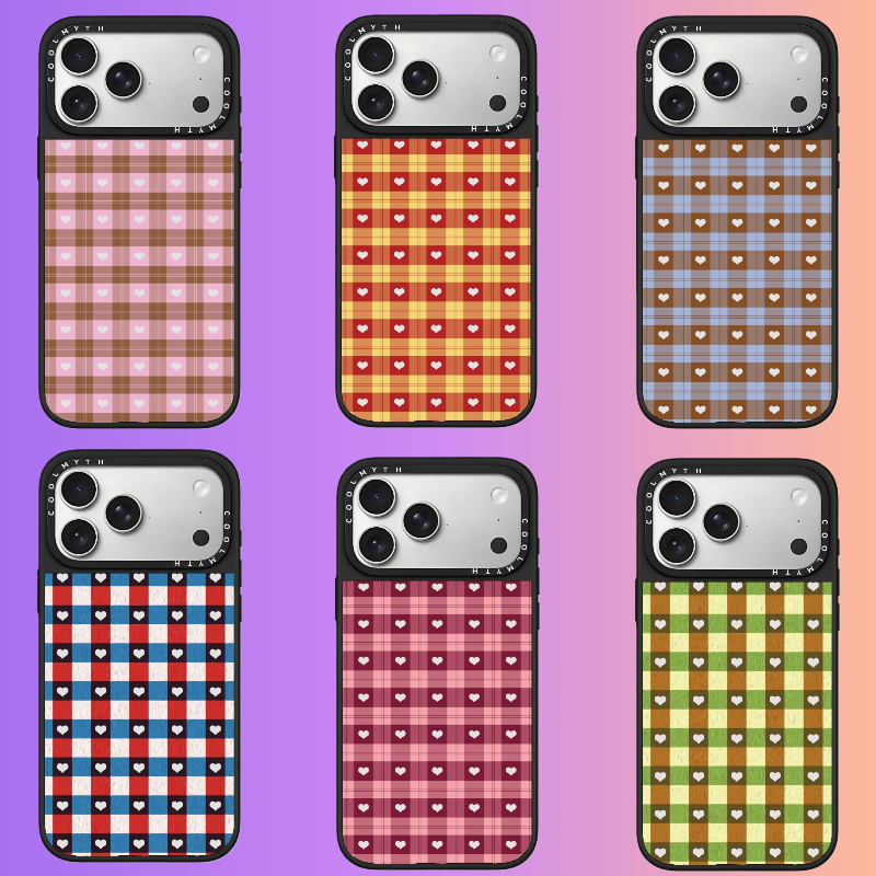 秋冬女款复古粉色爱心格纹镜面iPhone17/16/15苹果手机壳磨砂防滑