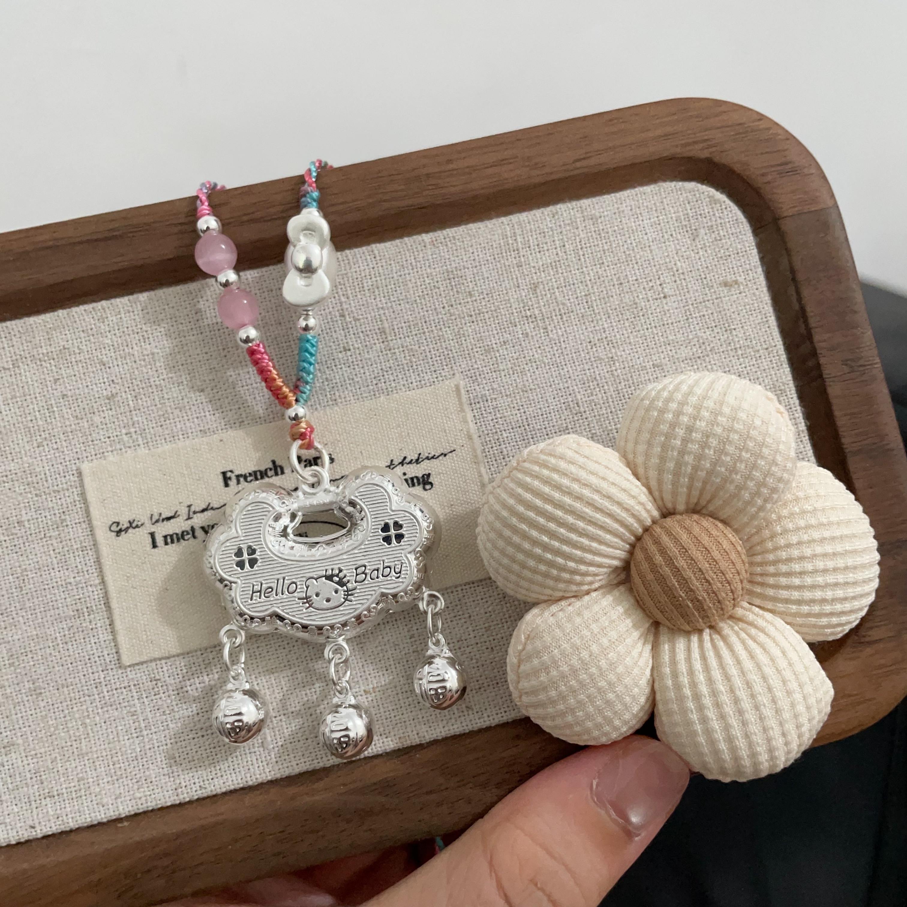 吊坠足银 足银999hellokitty平安锁包KT宝宝长命锁编织银锁纯银