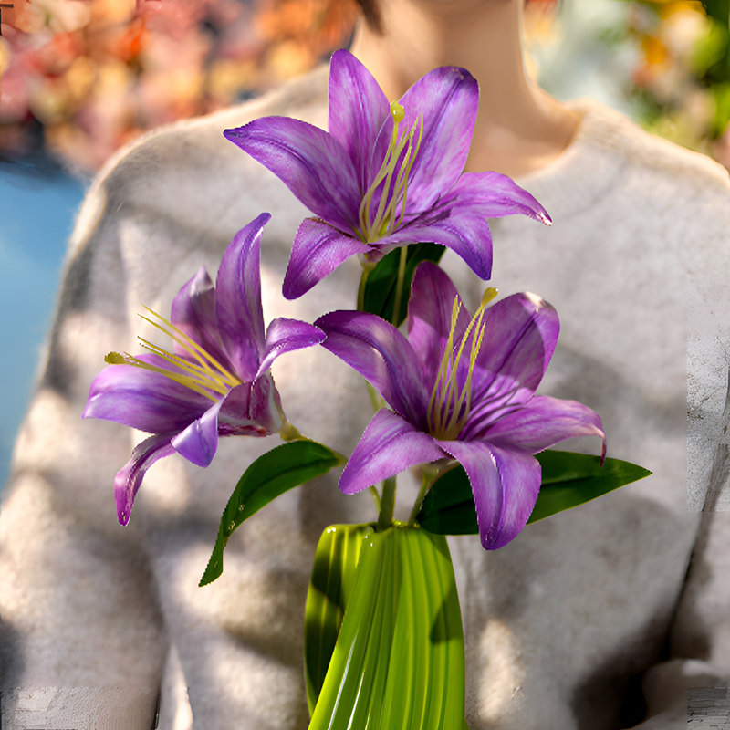 保湿手感紫色百合花仿真花带陶瓷花瓶餐桌高档次桌面房间装饰摆件