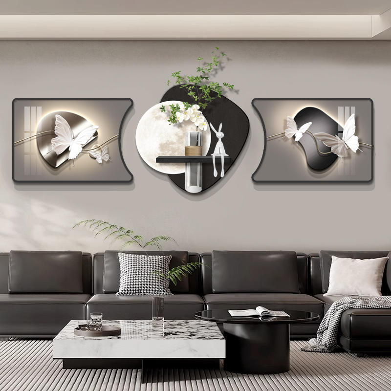 背有靠山客厅装饰画现代简约沙发背景墙挂画高级感水培绿植三联画