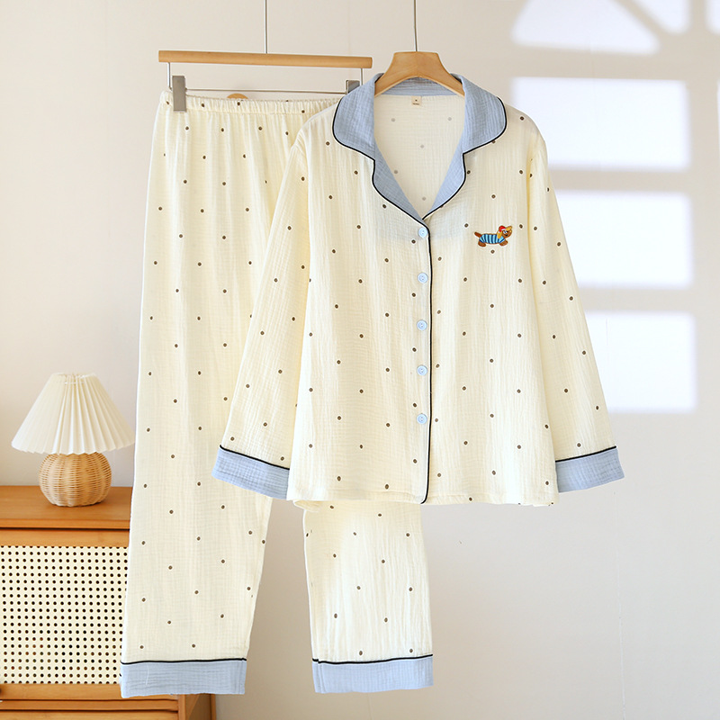 棉纱睡衣简约宽松家居服开衫睡衣春夏新款休闲长袖长裤大码套装