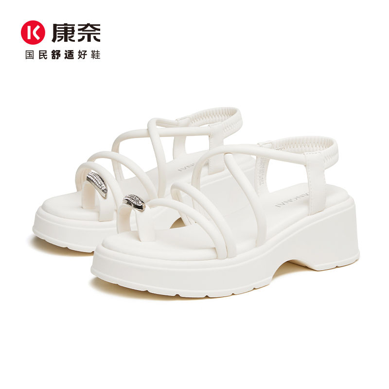 康奈露趾一字式扣带女鞋平底仙女风时尚罗马凉鞋修面皮女11344351