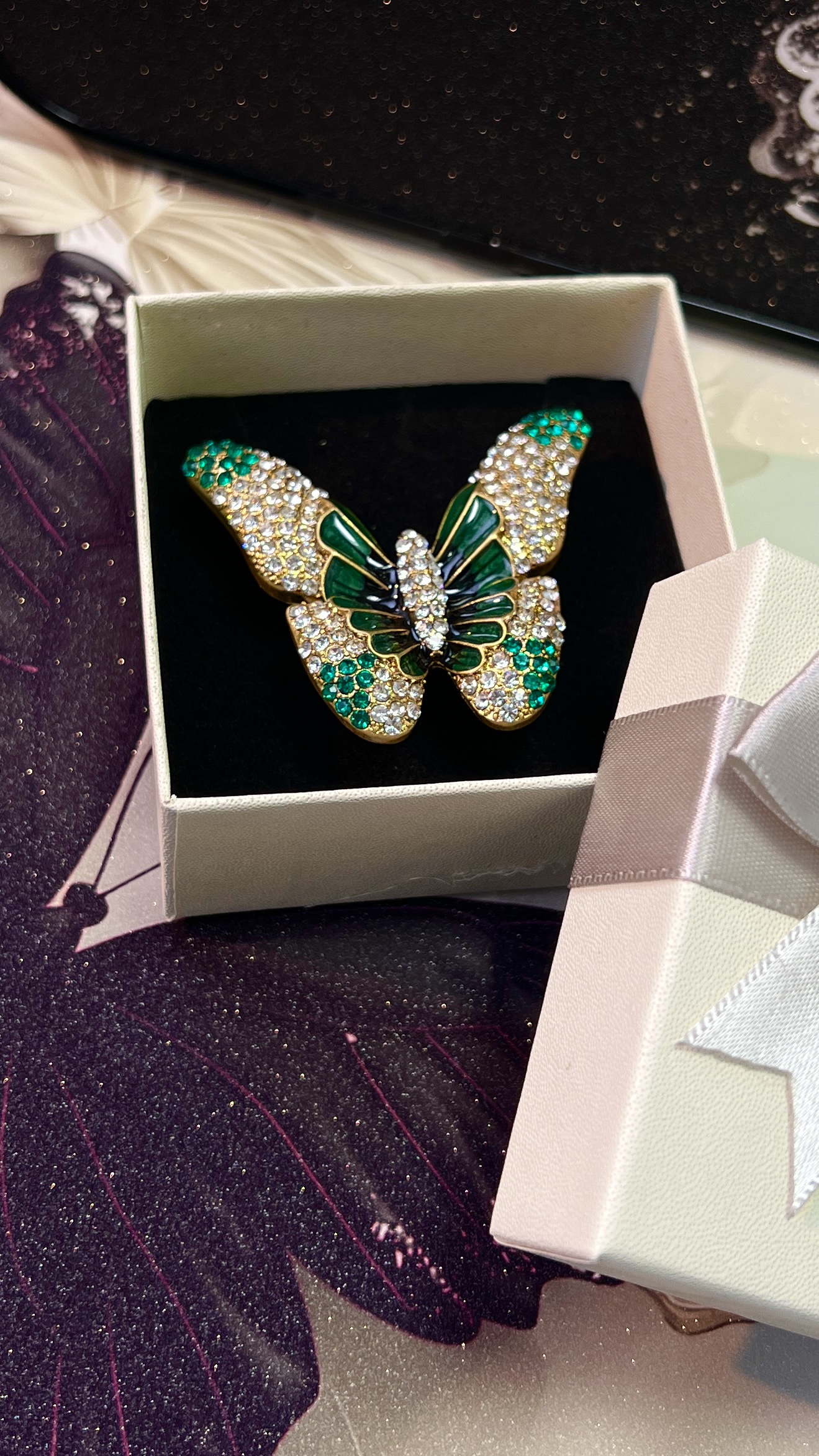 纯铜锆石戒指 中古款绿色蝴蝶戒指