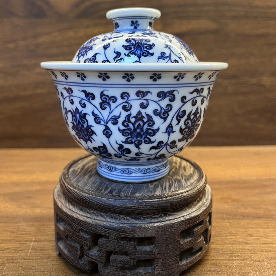 景德镇全手工手绘陶瓷仿永乐缠枝莲盖碗 高端陶瓷茶具 盖碗