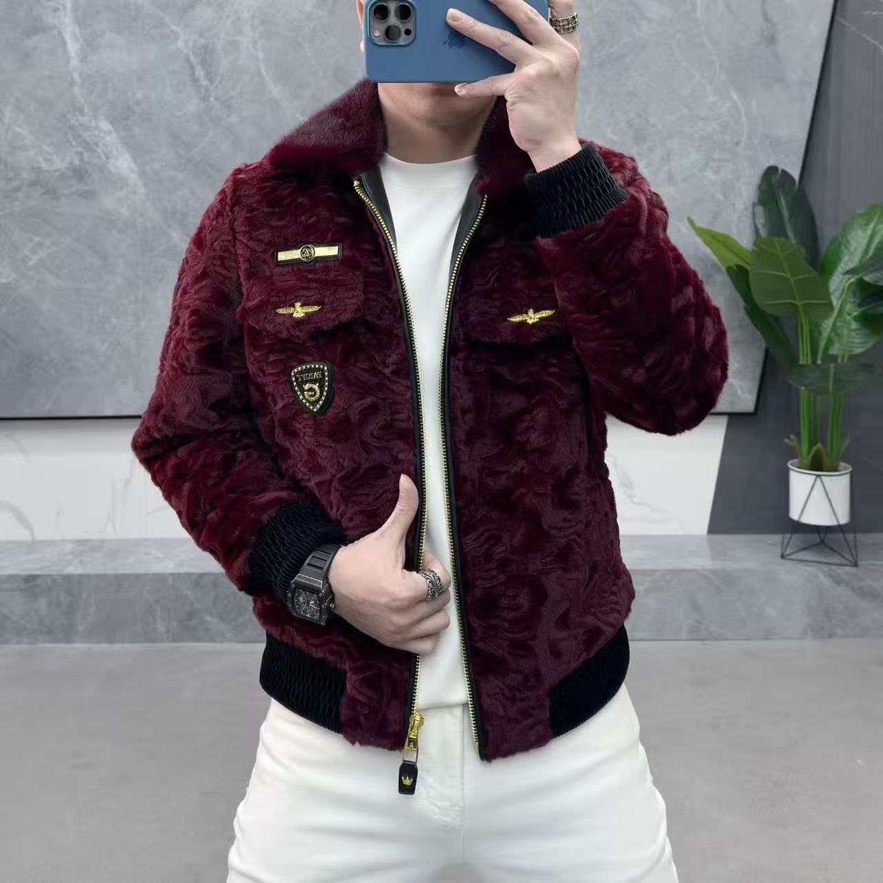 洋洋家冬季新款潮流个性痞帅时尚百搭修身暗花翻领大金雕毛外套