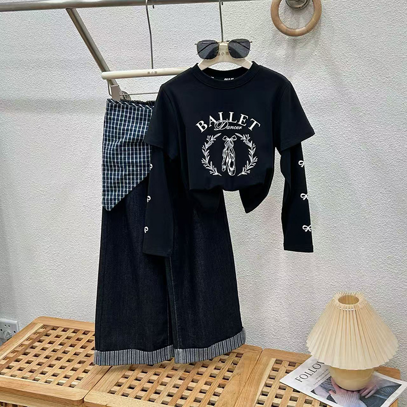 女童秋季套装2025新款儿童两件套女孩大童T恤阔腿牛仔裤洋气童装