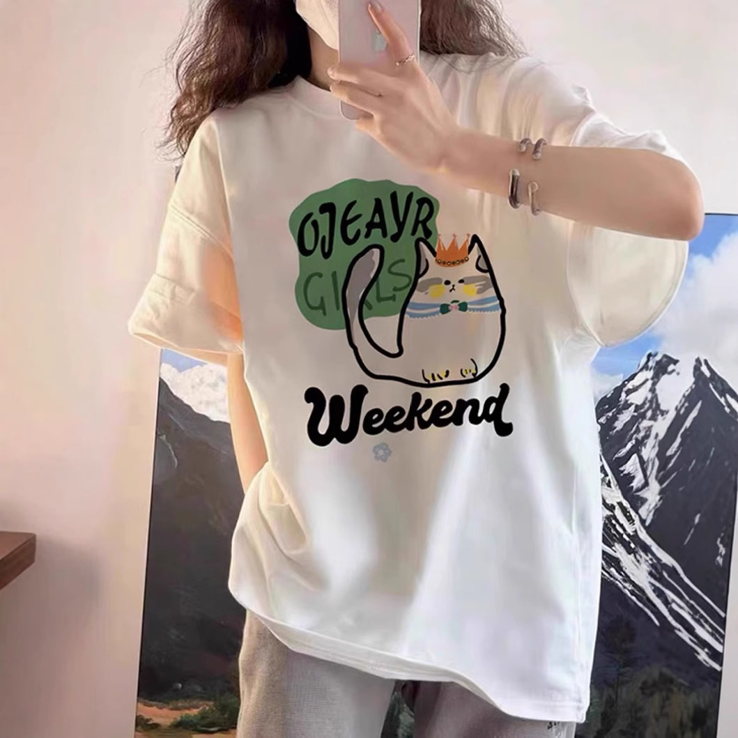 卡通美式趣味猫咪印花短袖t恤女夏季新款宽松潮流上衣打底衫工厂