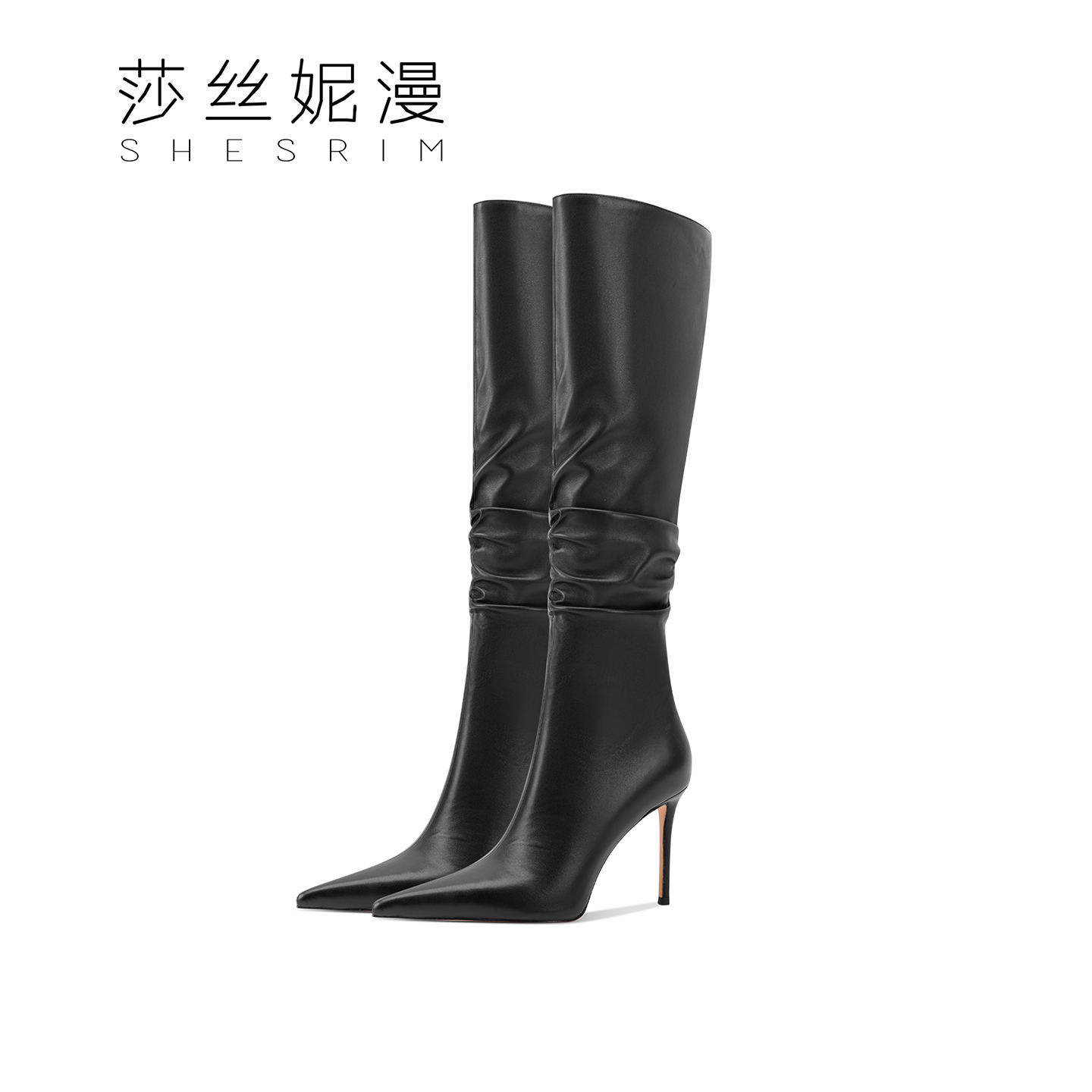 888-尖头细跟高筒靴女2025冬季时尚真皮堆堆靴长筒高跟不过膝长靴