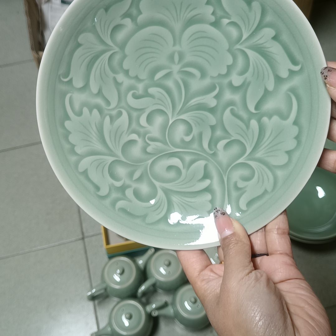 耀州窑青瓷牡丹盘7.5寸微微瑕2只