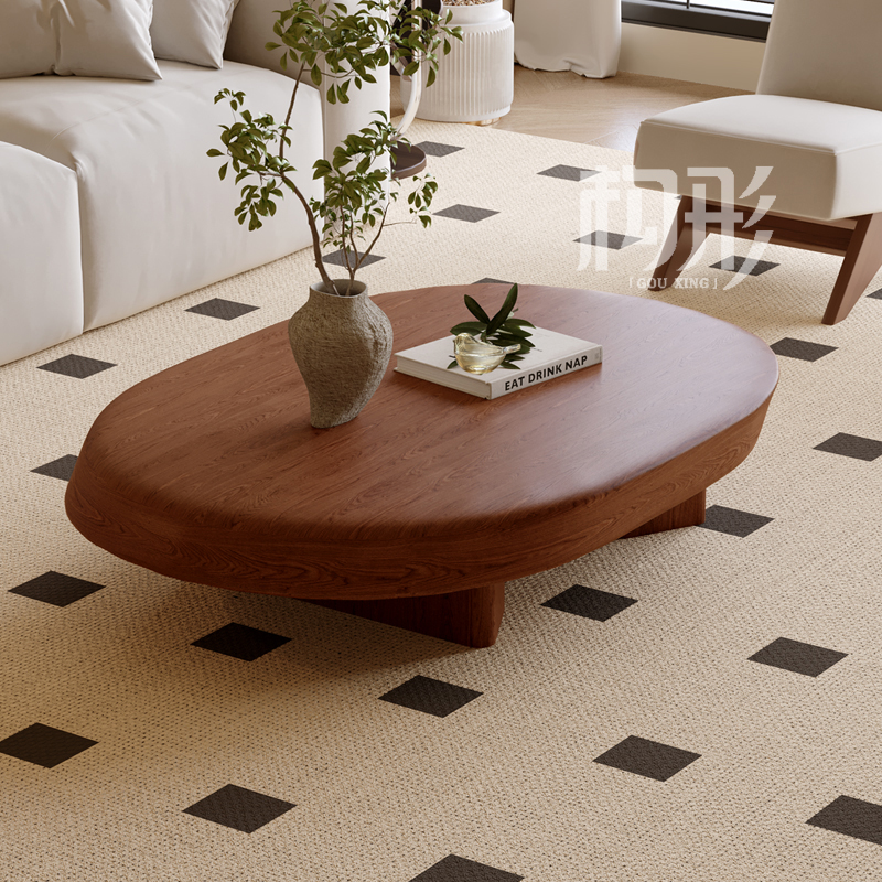 新款实木茶几客厅家用沙发不占地方中古风原木椭圆形茶几小户型