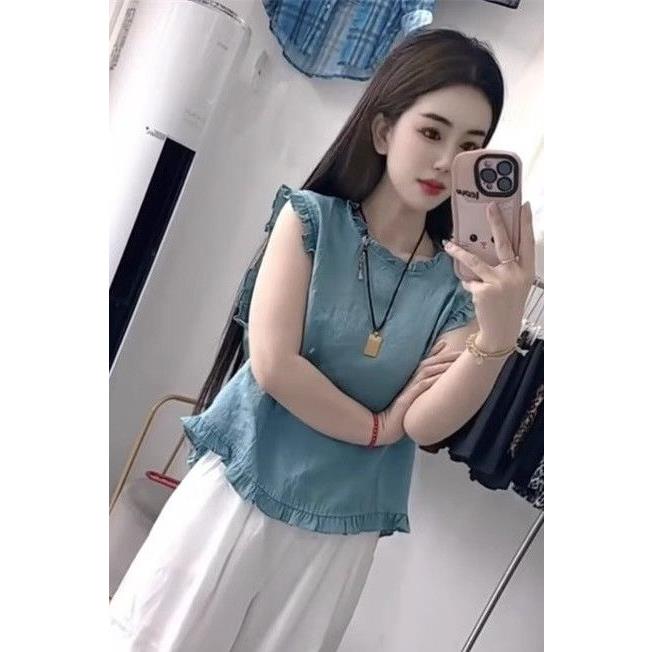 今年流行时尚木耳边夏季减龄无袖上衣女夏韩里韩气新款小清新小衫